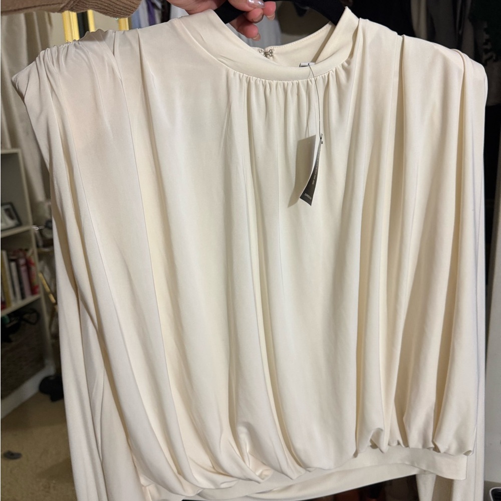 Express Cream Pleated Blouse with Mandarin Collar
